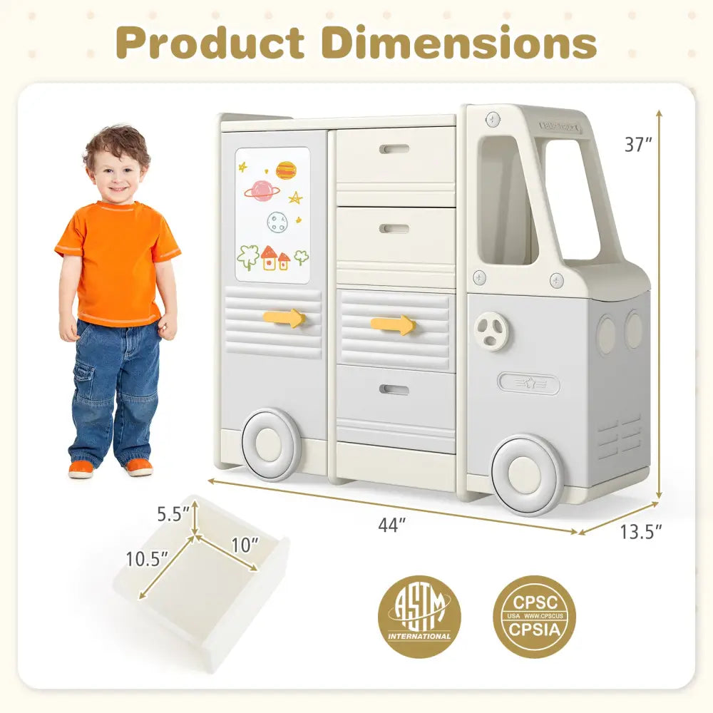 Kids Toy Storage Organizer Bus-shaped Children Cabinet with 4 Pull-out Drawers with Handles-Gray - Gray - Kids Storage
