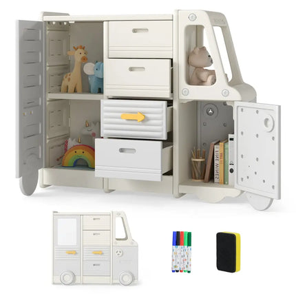 Kids Toy Storage Organizer Bus-shaped Children Cabinet with 4 Pull-out Drawers with Handles-Gray - Gray - Kids Storage