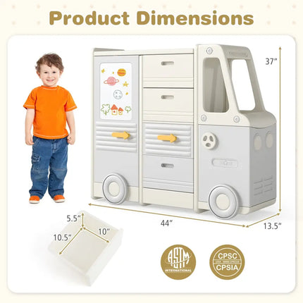 Kids Toy Storage Organizer Bus-shaped Children Cabinet with 4 Pull-out Drawers with Handles-Gray - Gray - Kids Storage