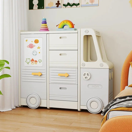 Kids Toy Storage Organizer Bus-shaped Children Cabinet with 4 Pull-out Drawers with Handles-Gray - Gray - Kids Storage