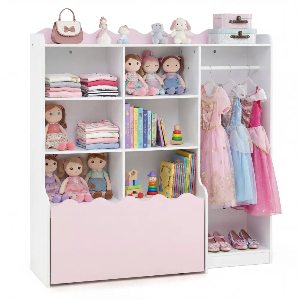 Kids Toy Storage Organizer Children Dress up Closet Wardrobe with Clothing Rack-Pink - Pink - Kids Storage