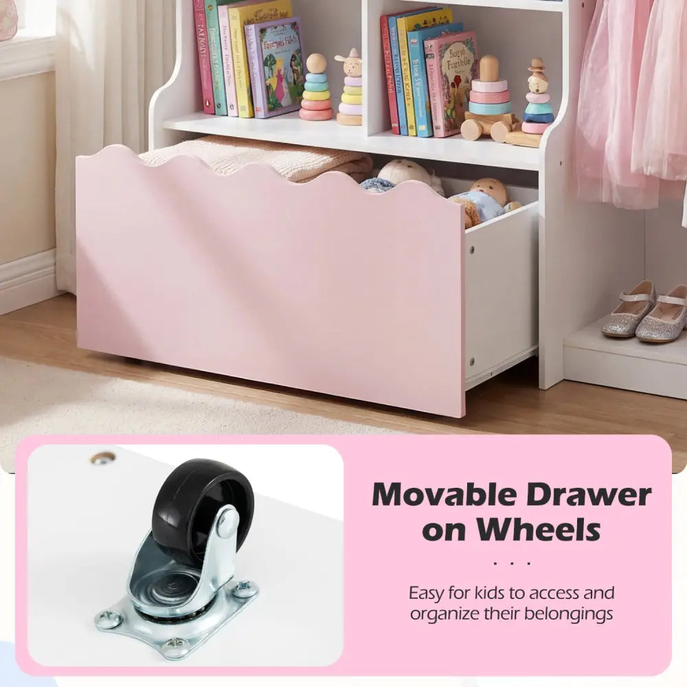 Kids Toy Storage Organizer Children Dress up Closet Wardrobe with Clothing Rack-Pink - Pink - Kids Storage