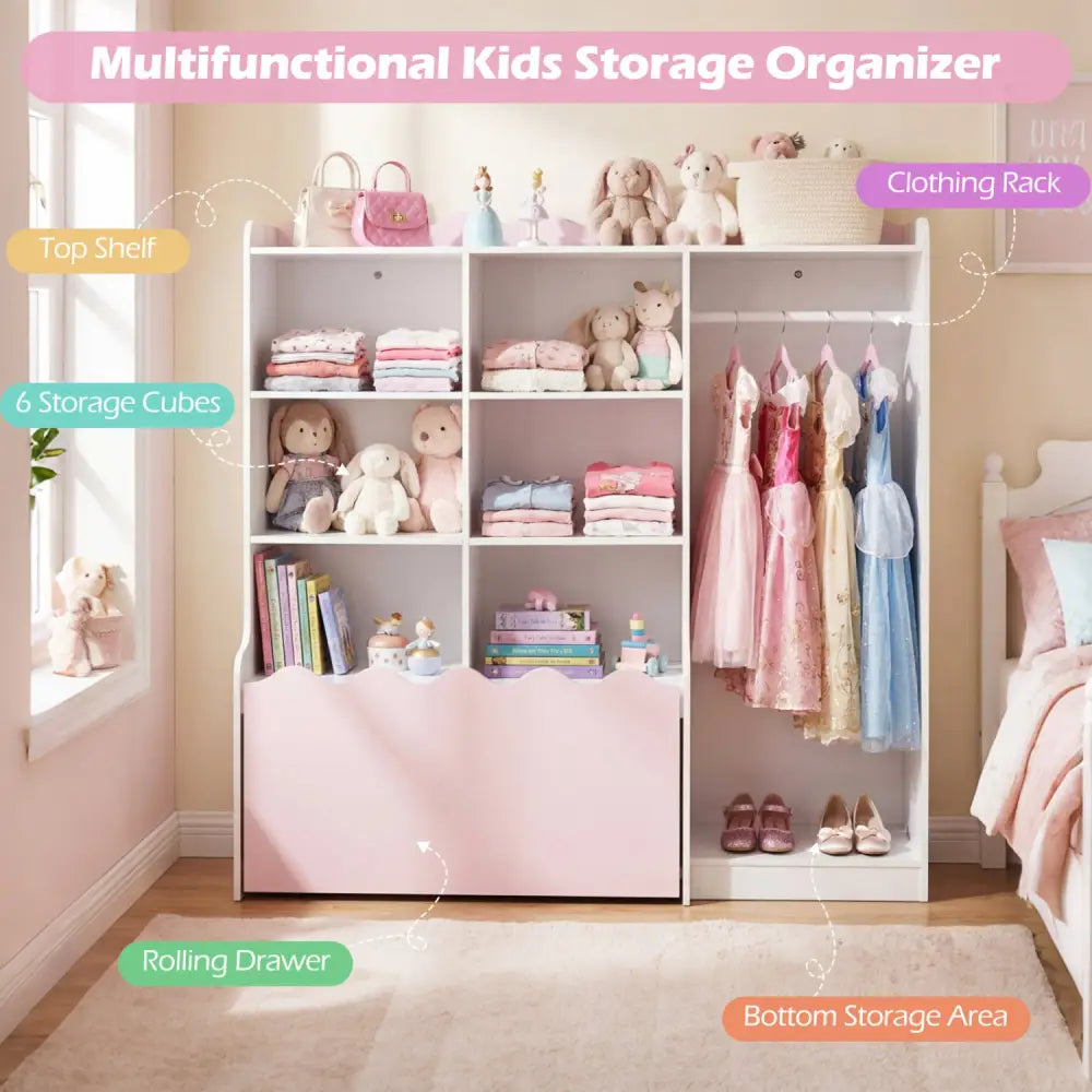 Kids Toy Storage Organizer Children Dress up Closet Wardrobe with Clothing Rack-Pink - Pink - Kids Storage