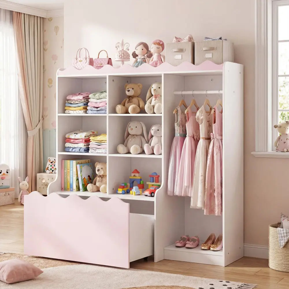 Kids Toy Storage Organizer Children Dress up Closet Wardrobe with Clothing Rack-Pink - Pink - Kids Storage