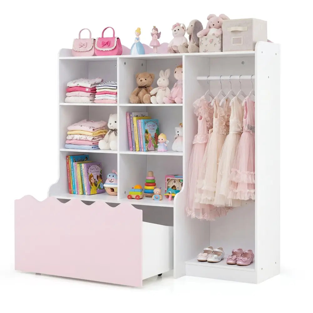 Kids Toy Storage Organizer Children Dress up Closet Wardrobe with Clothing Rack-Pink - Pink - Kids Storage