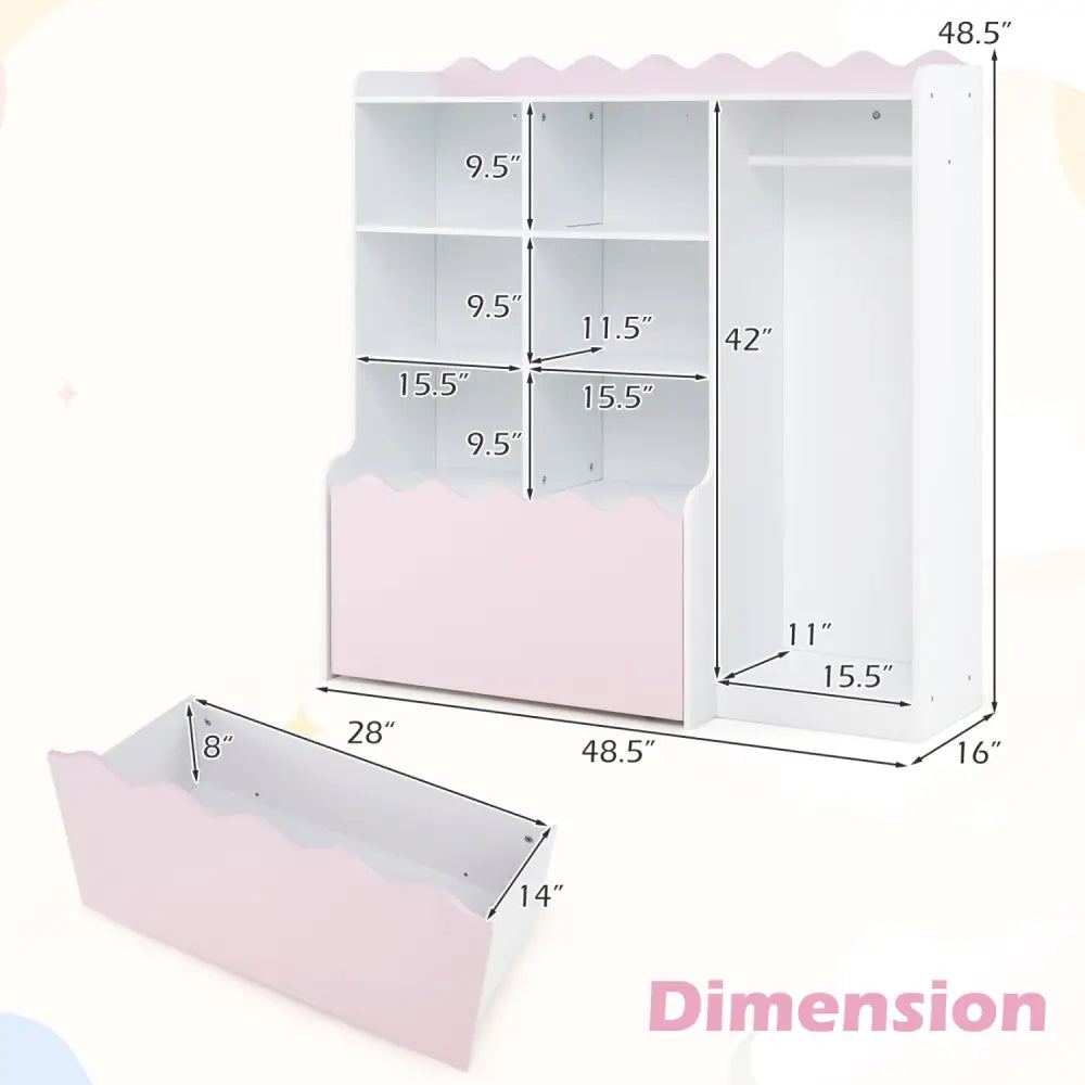 Kids Toy Storage Organizer Children Dress up Closet Wardrobe with Clothing Rack-Pink - Pink - Kids Storage