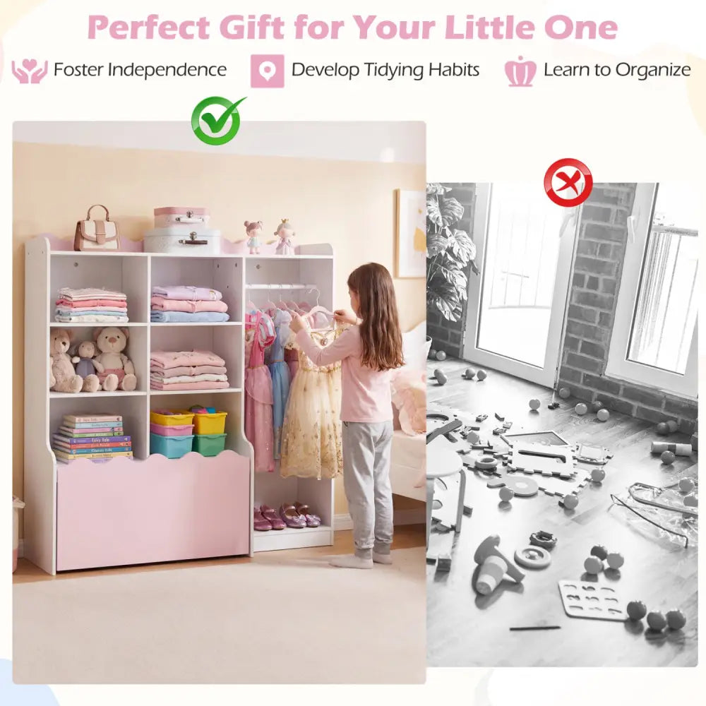 Kids Toy Storage Organizer Children Dress up Closet Wardrobe with Clothing Rack-Pink - Pink - Kids Storage