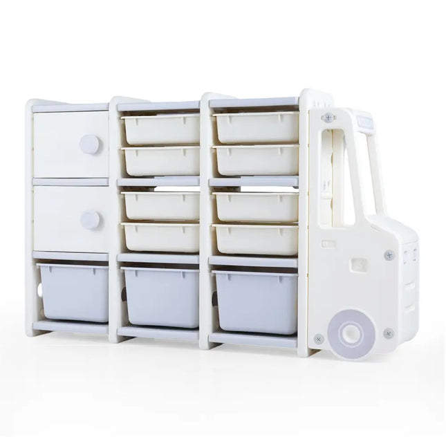 Kids Toy Storage Organizer Truck-shaped Toy Chest with 2 Cabinets and 11 Removable Bins-Grey - Gray - Kids Storage