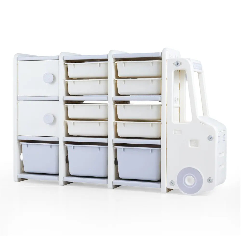 Kids Toy Storage Organizer Truck-shaped Toy Chest with 2 Cabinets and 11 Removable Bins-Grey - Gray - Kids Storage