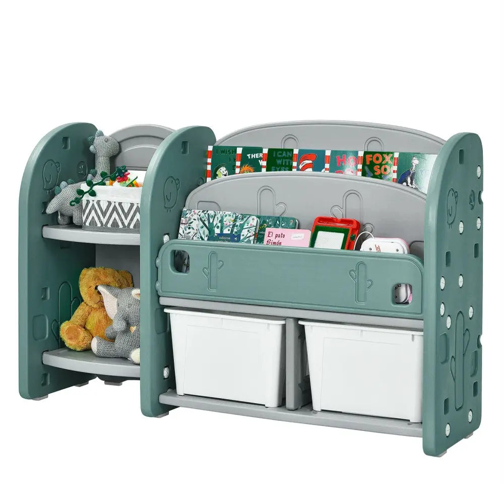 Kids Toy Storage Organizer with 2-Tier Bookshelf and Plastic Bins - Green - Kids Storage