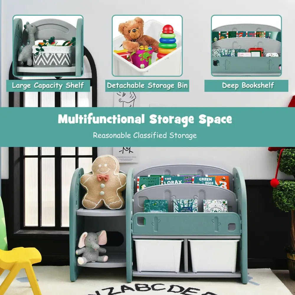 Kids Toy Storage Organizer with 2-Tier Bookshelf and Plastic Bins - Green - Kids Storage