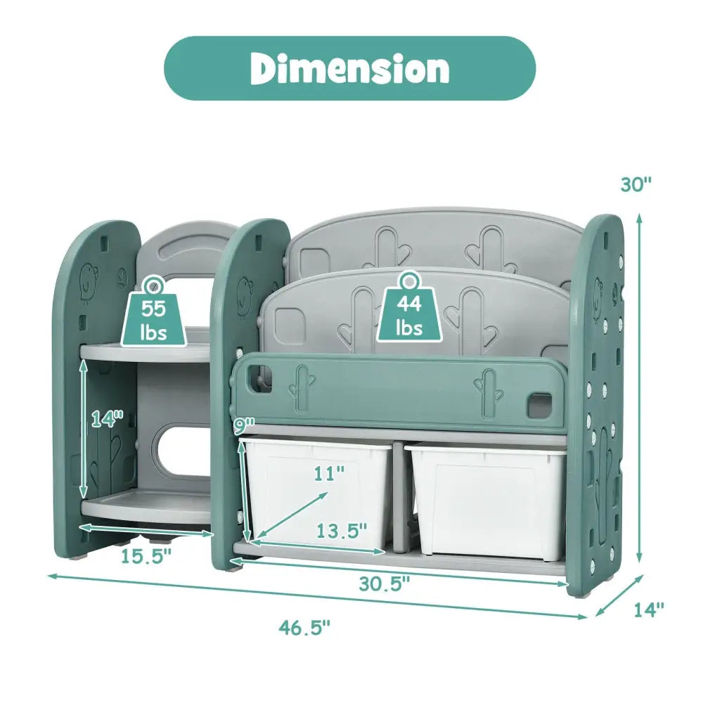 Kids Toy Storage Organizer with 2-Tier Bookshelf and Plastic Bins - Green - Kids Storage