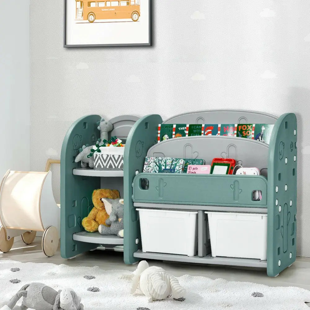 Kids Toy Storage Organizer with 2-Tier Bookshelf and Plastic Bins - Green - Kids Storage