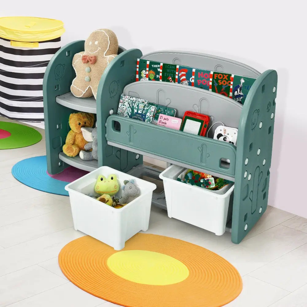 Kids Toy Storage Organizer with 2-Tier Bookshelf and Plastic Bins - Green - Kids Storage