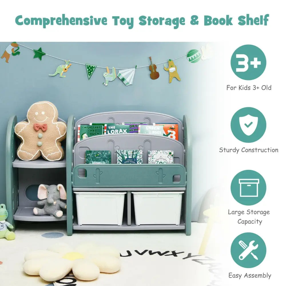 Kids Toy Storage Organizer with 2-Tier Bookshelf and Plastic Bins - Green - Kids Storage