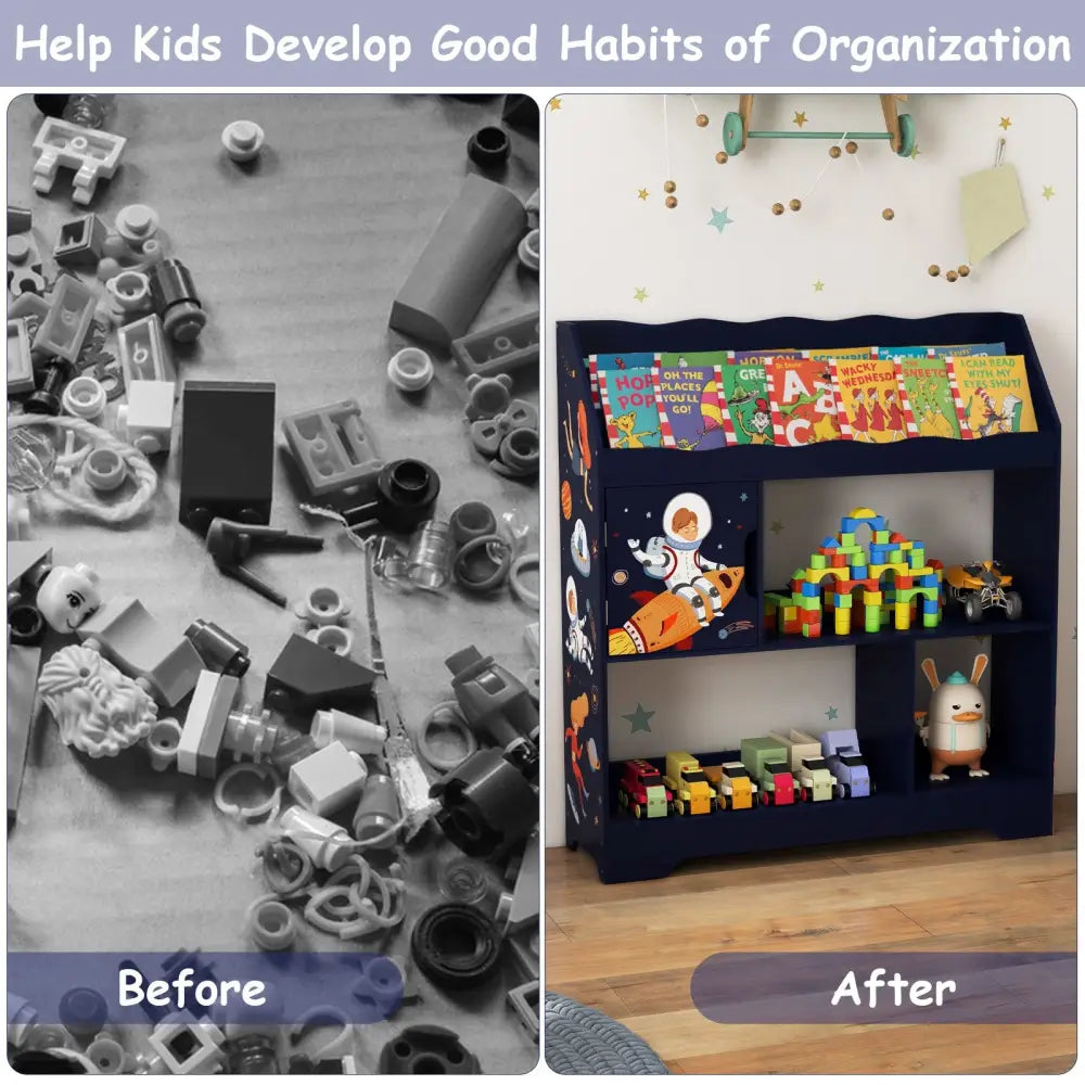 Kids Toy Storage Organizer with Book Shelf and Storage Cabinet-Navy - Navy - Kids Storage