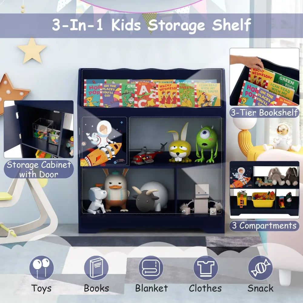 Kids Toy Storage Organizer with Book Shelf and Storage Cabinet-Navy - Navy - Kids Storage