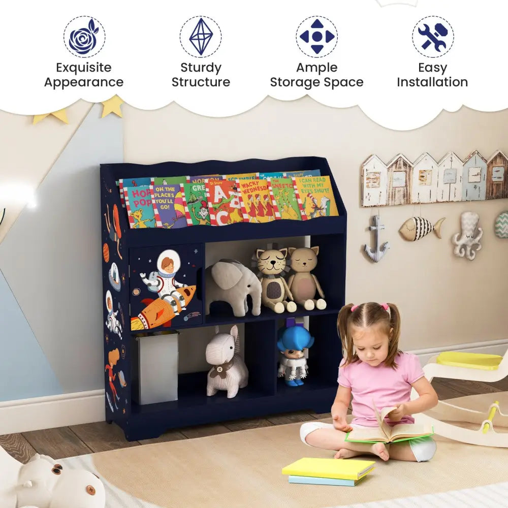 Kids Toy Storage Organizer with Book Shelf and Storage Cabinet-Navy - Navy - Kids Storage