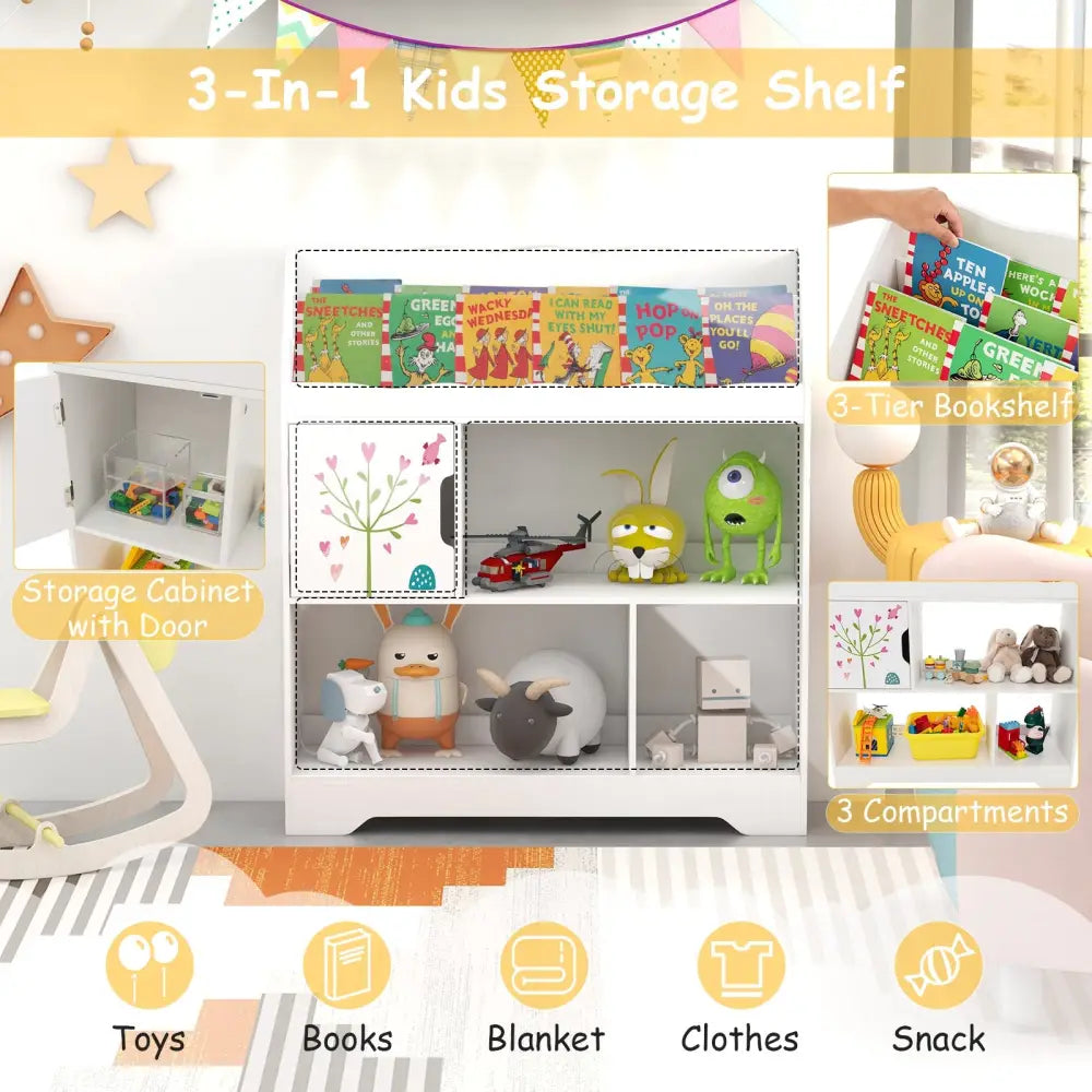 Kids Toy Storage Organizer with Book Shelf and Storage Cabinet-White - White - Kids Storage