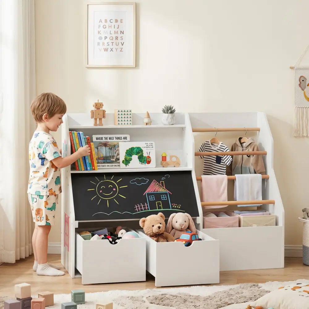 Kids Toy Storage Organizer with Flip-up Blackboard-White - White - Kids Storage
