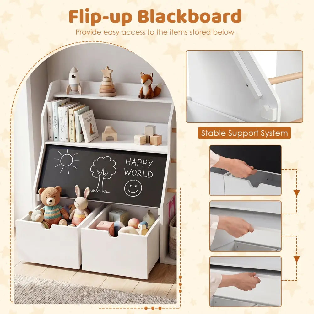 Kids Toy Storage Organizer with Flip-up Blackboard-White - White - Kids Storage