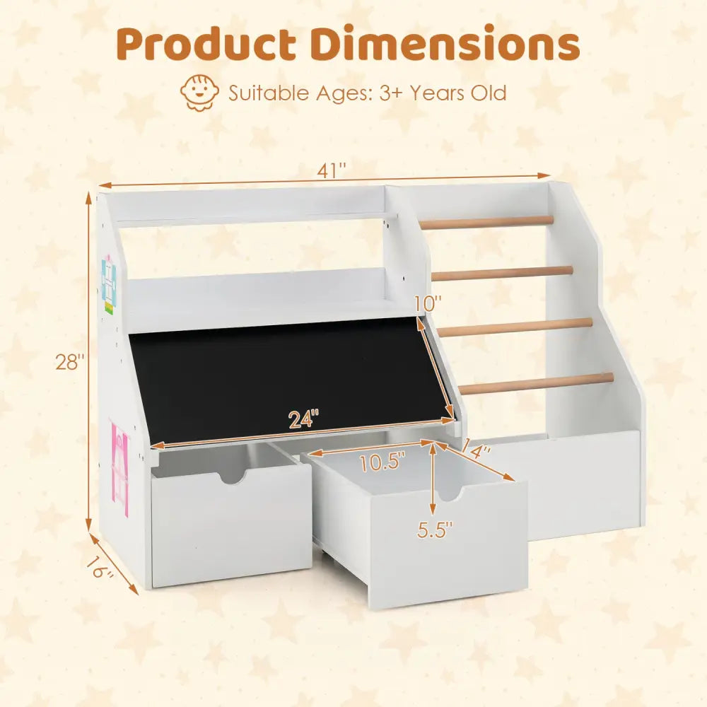 Kids Toy Storage Organizer with Flip-up Blackboard-White - White - Kids Storage