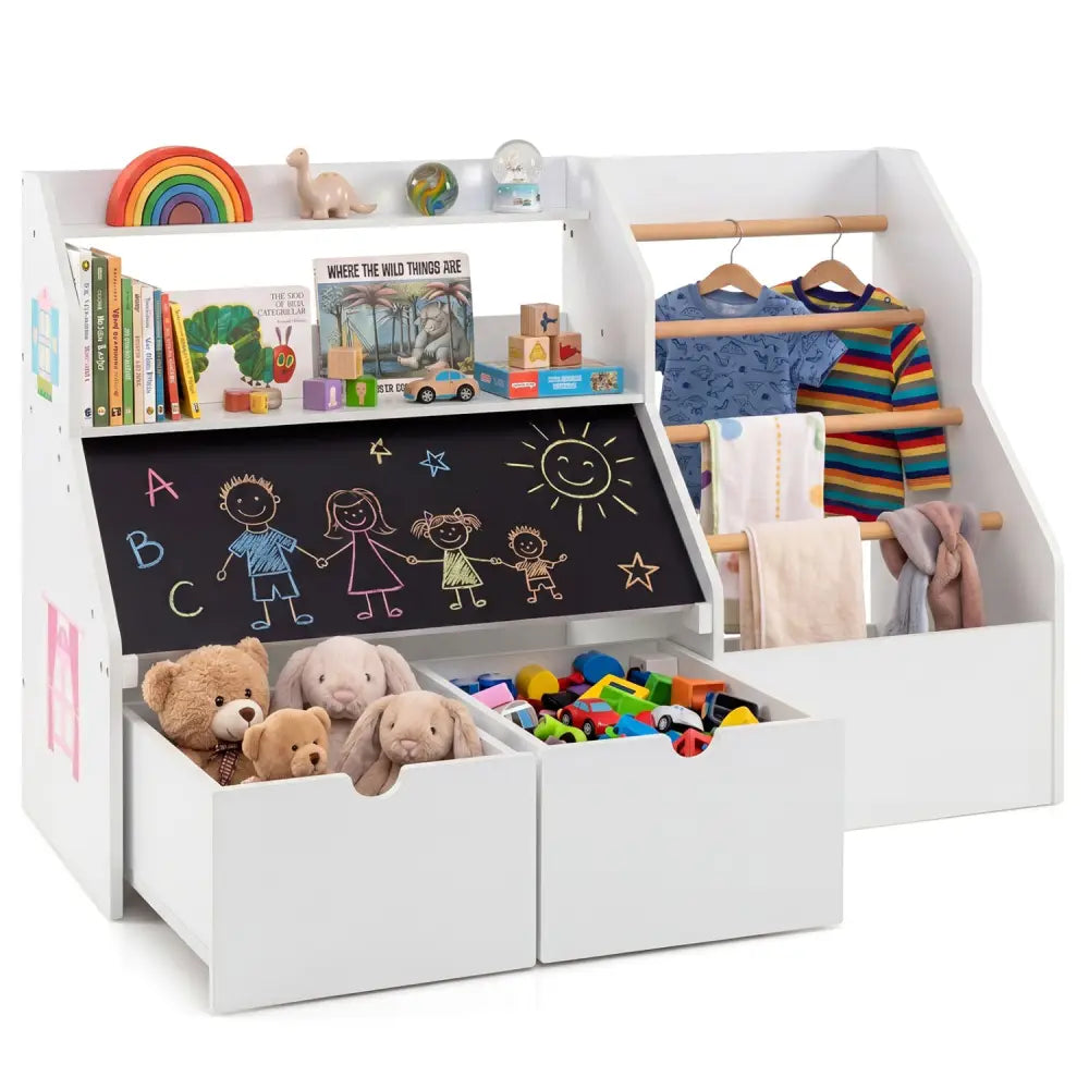 Kids Toy Storage Organizer with Flip-up Blackboard-White - White - Kids Storage
