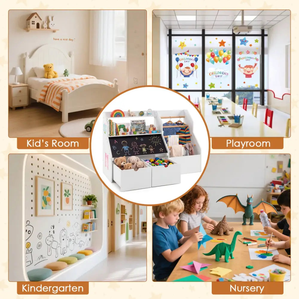 Kids Toy Storage Organizer with Flip-up Blackboard-White - White - Kids Storage