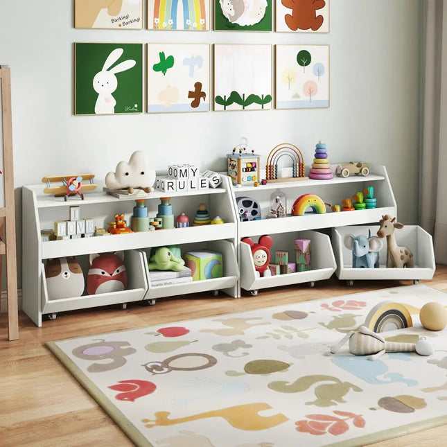 Kids Toy Storage Organizer Wooden Bookcase with 2 Movable Drawers-White - White - Kids Storage
