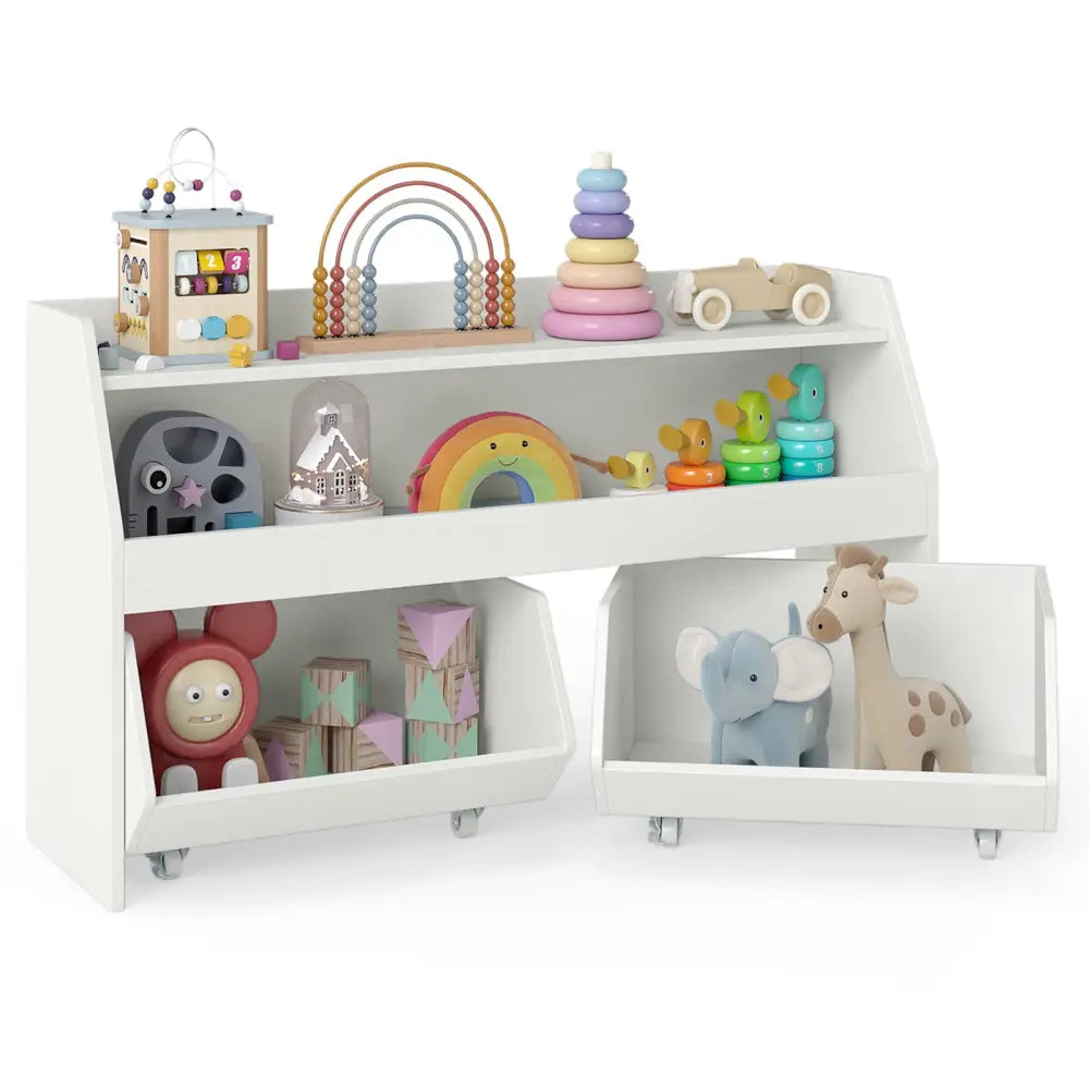 Kids Toy Storage Organizer Wooden Bookcase with 2 Movable Drawers-White - White - Kids Storage