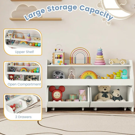 Kids Toy Storage Organizer Wooden Bookcase with 2 Movable Drawers-White - White - Kids Storage