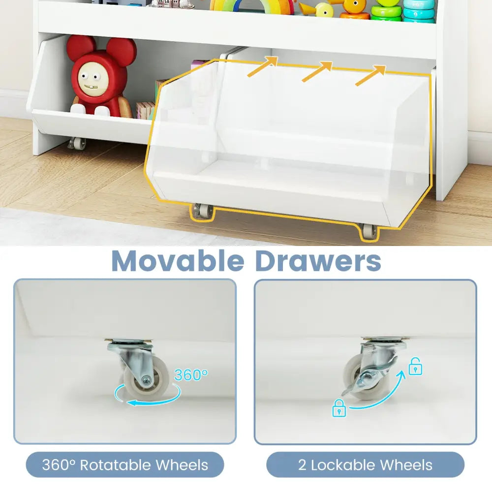 Kids Toy Storage Organizer Wooden Bookcase with 2 Movable Drawers-White - White - Kids Storage