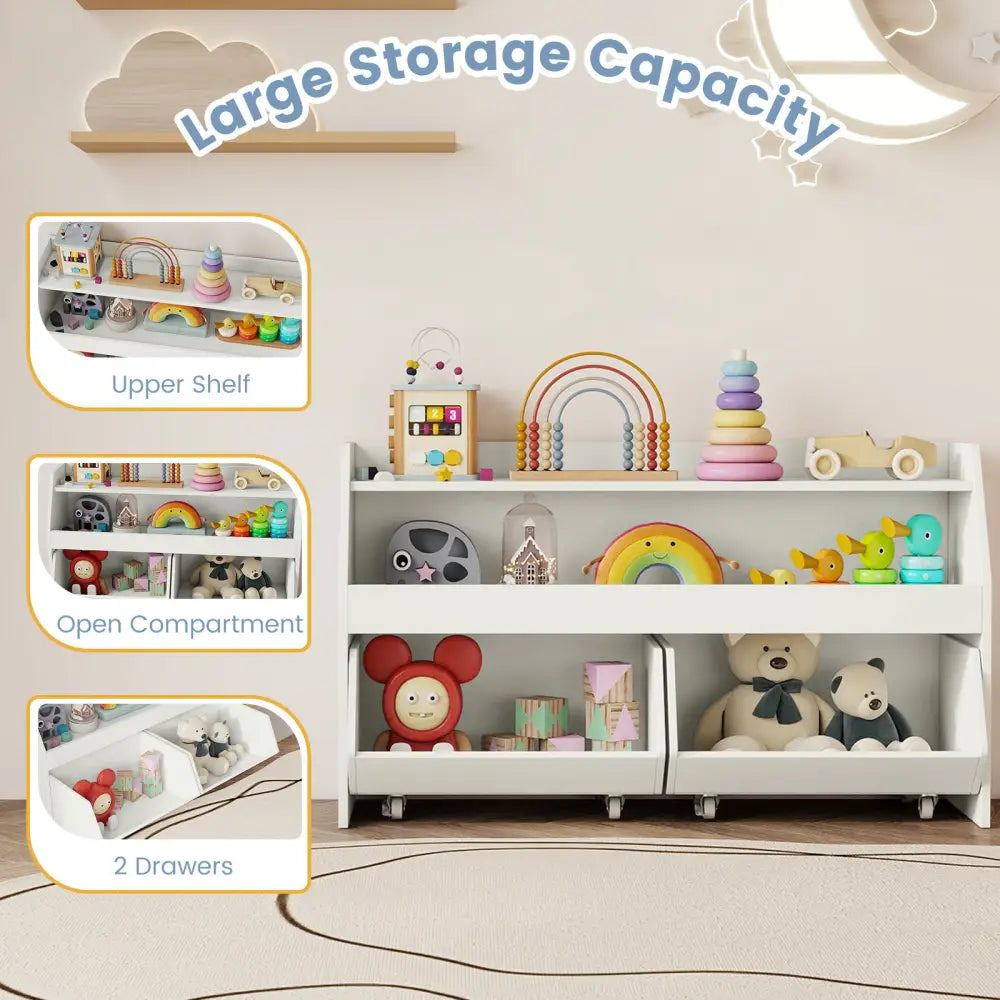 Kids Toy Storage Organizer Wooden Bookcase with 2 Movable Drawers-White - White - Kids Storage