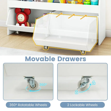 Kids Toy Storage Organizer Wooden Bookcase with 2 Movable Drawers-White - White - Kids Storage