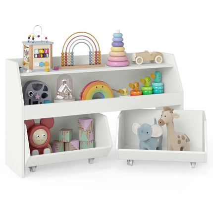 Kids Toy Storage Organizer Wooden Bookcase with 2 Movable Drawers-White - White - Kids Storage