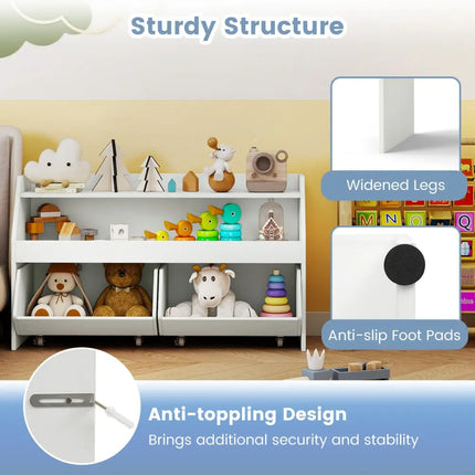 Kids Toy Storage Organizer Wooden Bookcase with 2 Movable Drawers-White - White - Kids Storage