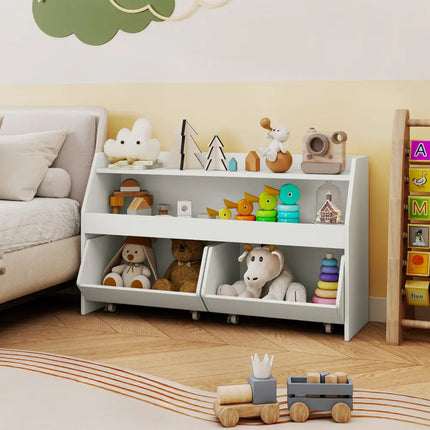 Kids Toy Storage Organizer Wooden Bookcase with 2 Movable Drawers-White - White - Kids Storage
