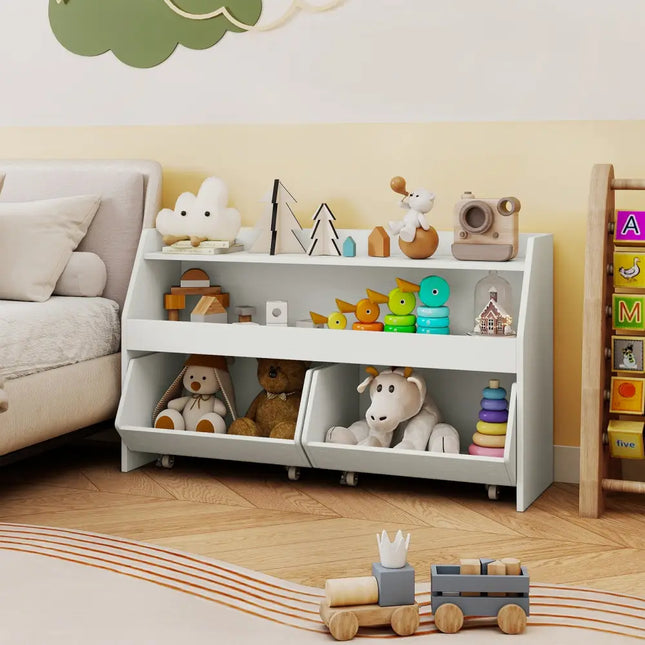 Kids Toy Storage Organizer Wooden Bookcase with 2 Movable Drawers-White - White - Kids Storage