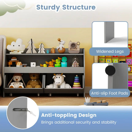 Kids Toy Storage Organizer Wooden Bookcase with 2 Movable Drawers-Gray - Gray - Kids Storage