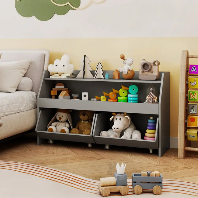 Kids Toy Storage Organizer Wooden Bookcase with 2 Movable Drawers-Gray - Gray - Kids Storage