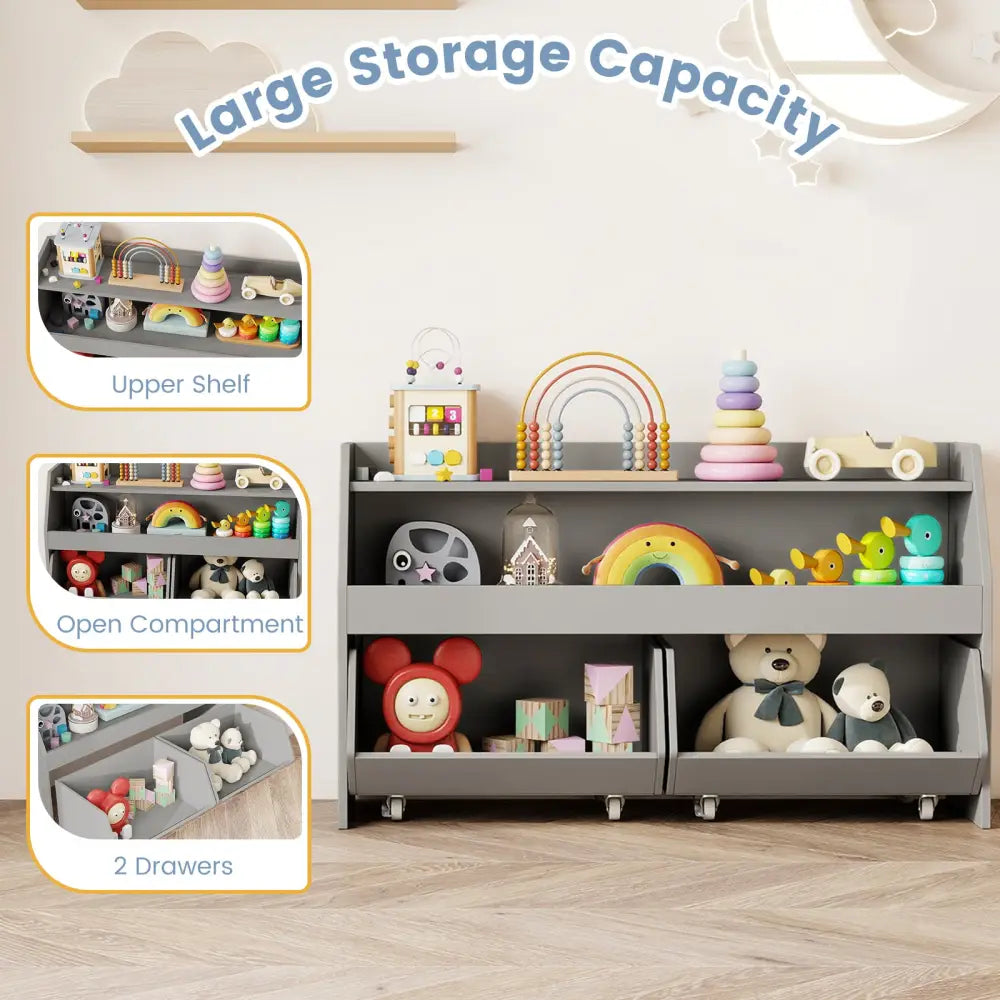 Kids Toy Storage Organizer Wooden Bookcase with 2 Movable Drawers-Gray - Gray - Kids Storage
