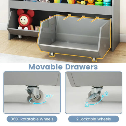 Kids Toy Storage Organizer Wooden Bookcase with 2 Movable Drawers-Gray - Gray - Kids Storage