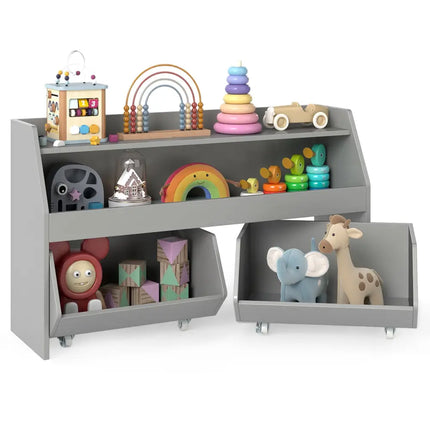 Kids Toy Storage Organizer Wooden Bookcase with 2 Movable Drawers-Gray - Gray - Kids Storage