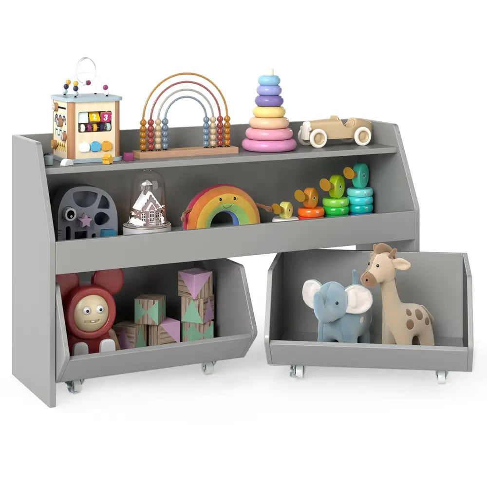Kids Toy Storage Organizer Wooden Bookcase with 2 Movable Drawers-Gray - Gray - Kids Storage