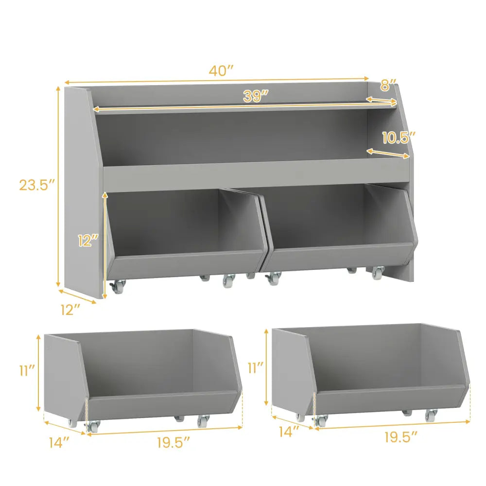 Kids Toy Storage Organizer Wooden Bookcase with 2 Movable Drawers-Gray - Gray - Kids Storage