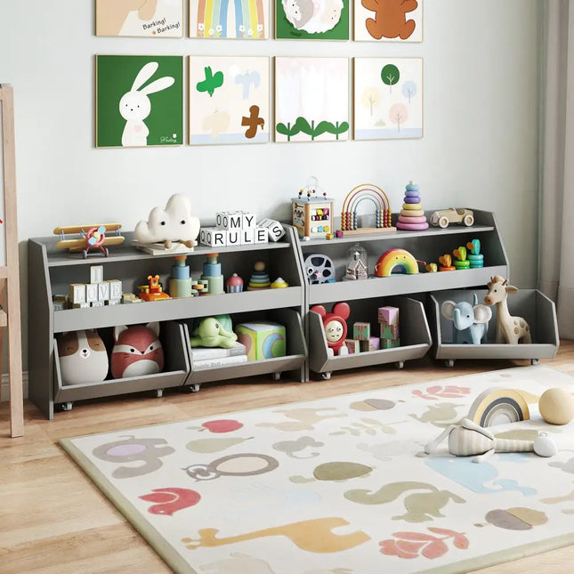 Kids Toy Storage Organizer Wooden Bookcase with 2 Movable Drawers-Gray - Gray - Kids Storage