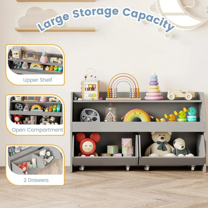 Kids Toy Storage Organizer Wooden Bookcase with 2 Movable Drawers-Gray - Gray - Kids Storage