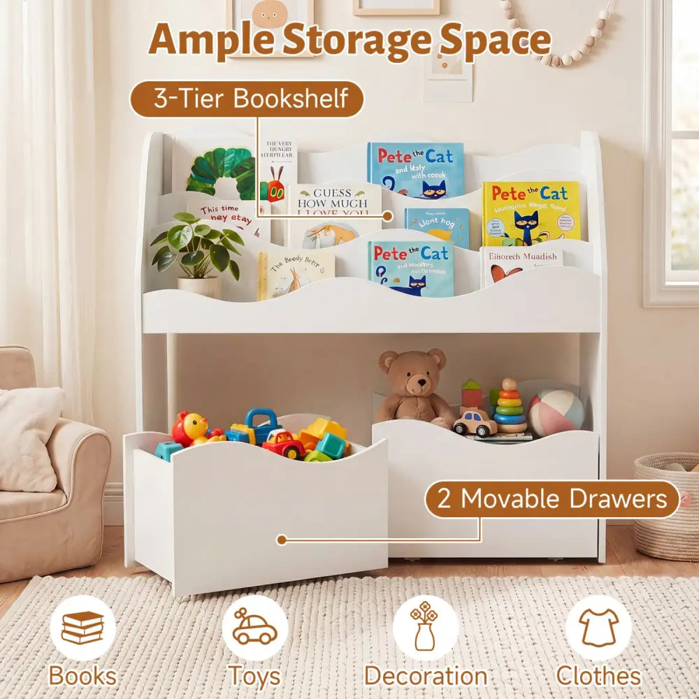 Kids Toy Wooden Storage Organizer with 2 Rolling Drawers for Kids Room-White - White - Kids Storage