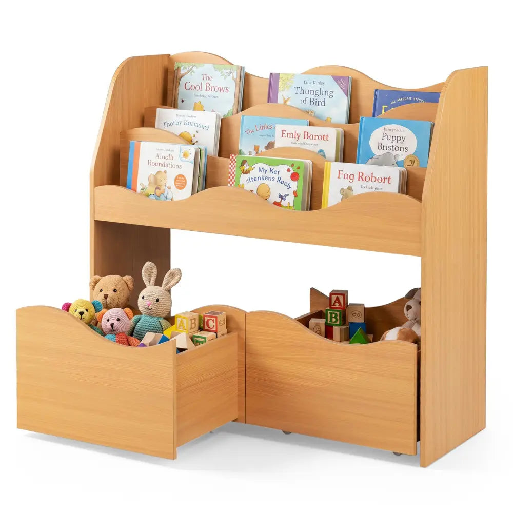 Kids Toy Wooden Storage Organizer with 2 Rolling Drawers for Kids Room-Natrual - Natural - Kids Storage