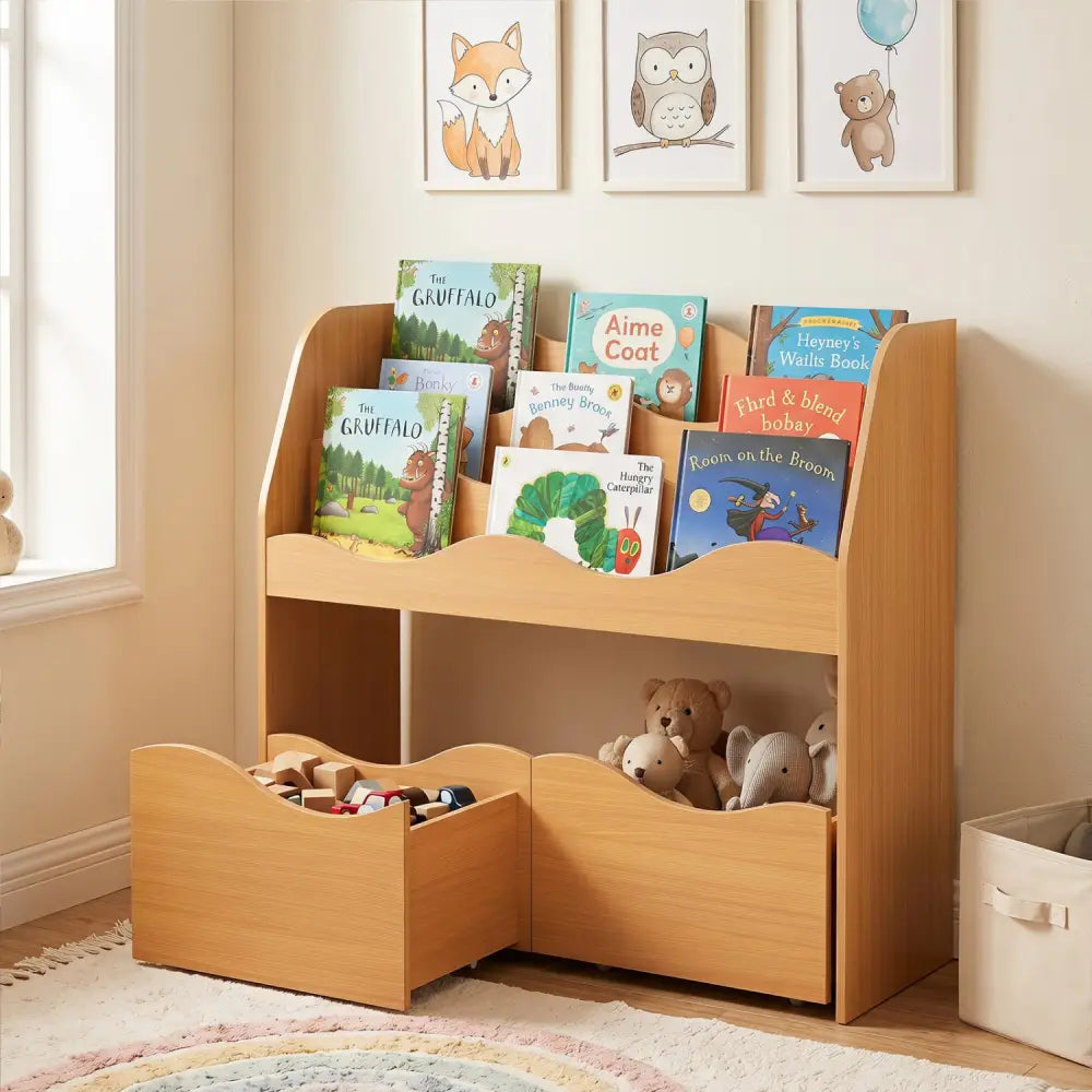Kids Toy Wooden Storage Organizer with 2 Rolling Drawers for Kids Room-Natrual - Natural - Kids Storage